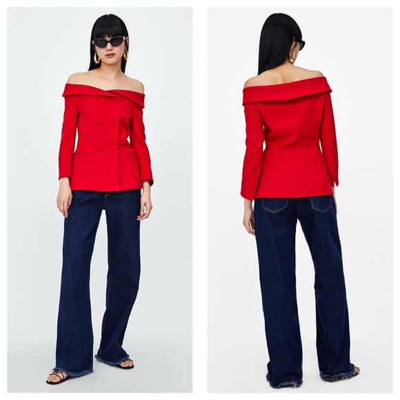 Zara Boat Neck Blazer Red Size Medium Off Shoulder Meghan Markle Quiet Luxury - Picture 1 of 12